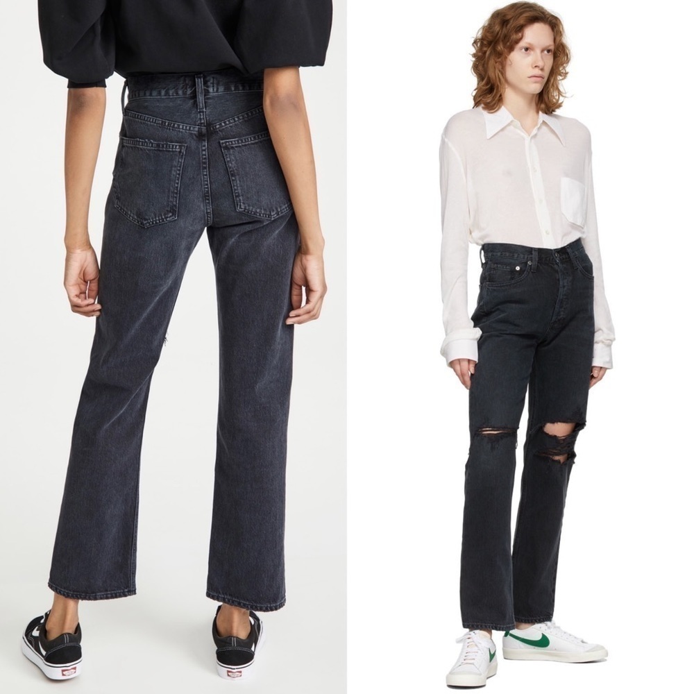 AGOLDE 90s Washed Black Distressed Denim Rip Knee Straight Leg Relaxed Jeans 23 - Picture 2 of 15